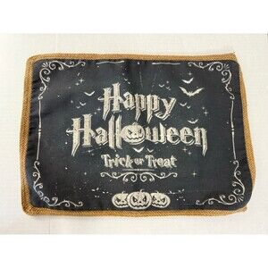 Halloween Placemats (set of 4) Burlap Border Charcoal & White 19.5" x 14.25" EUC
